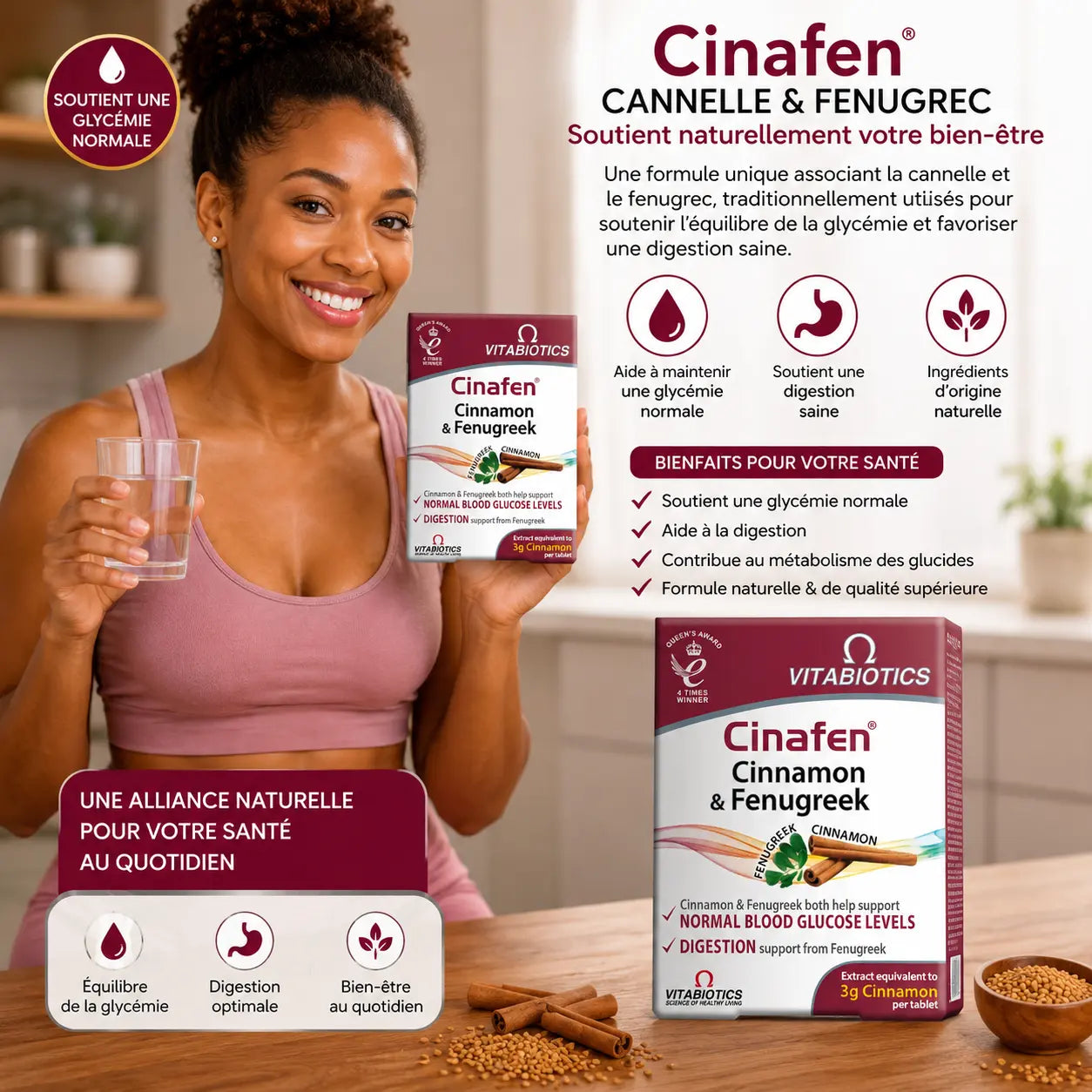 Complément Glycémie Vitabiotics Cinafen Cannelle & Fenugrec — 60 comprimés