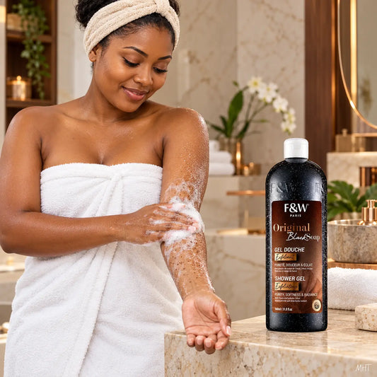 Gel Douche Exfoliant F&W Paris Original Black Soap — Savon Noir, Cacao & Karité — 940 ml