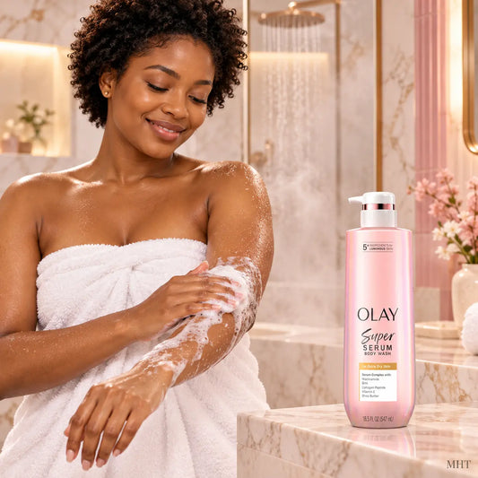 Gel Douche Sérum Olay Super Serum — Niacinamide, Collagène & Karité — Peaux Très Sèches — 547 ml