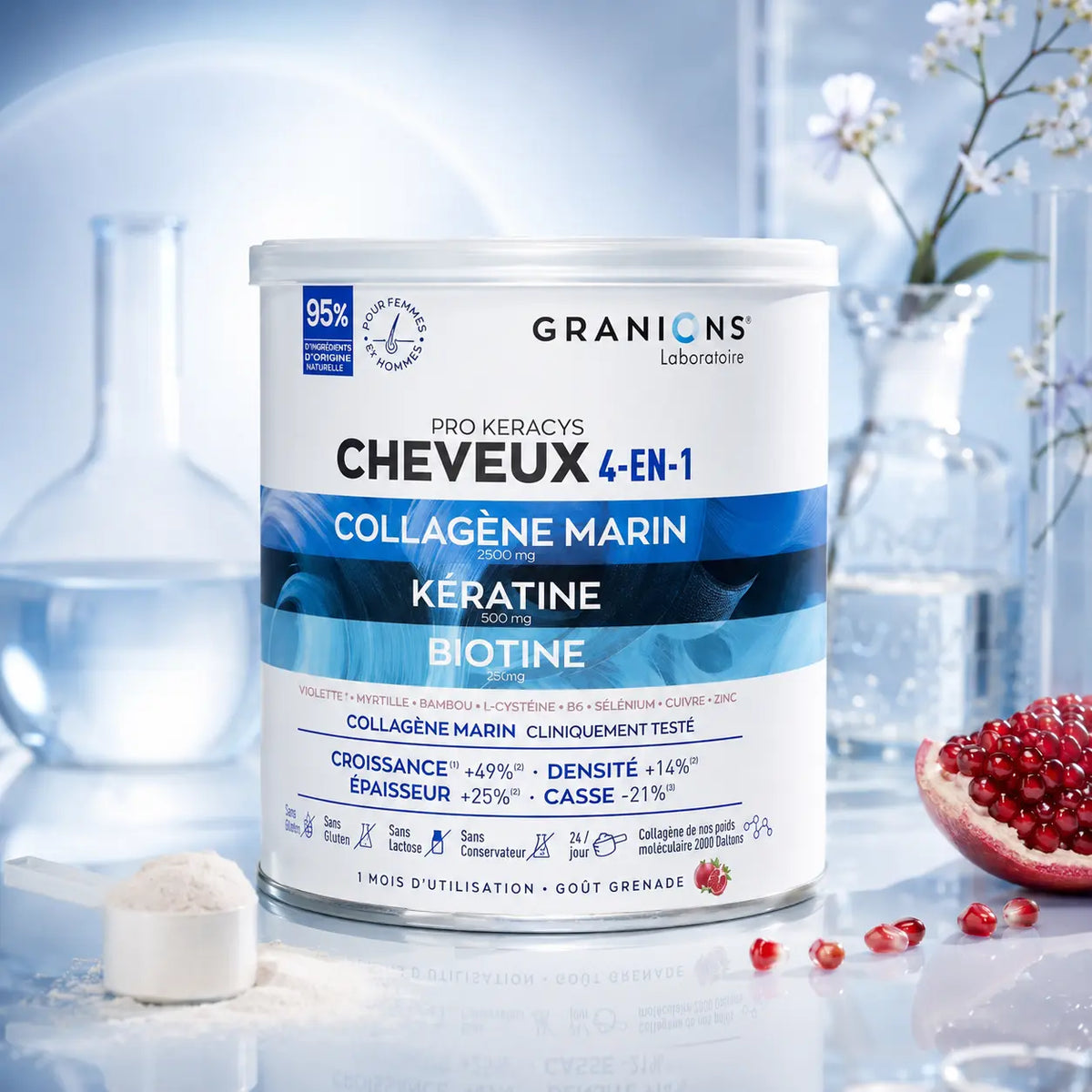 Complément Cheveux Granions Pro Keracys 4-en-1 Collagène & Kératine — Goût Grenade