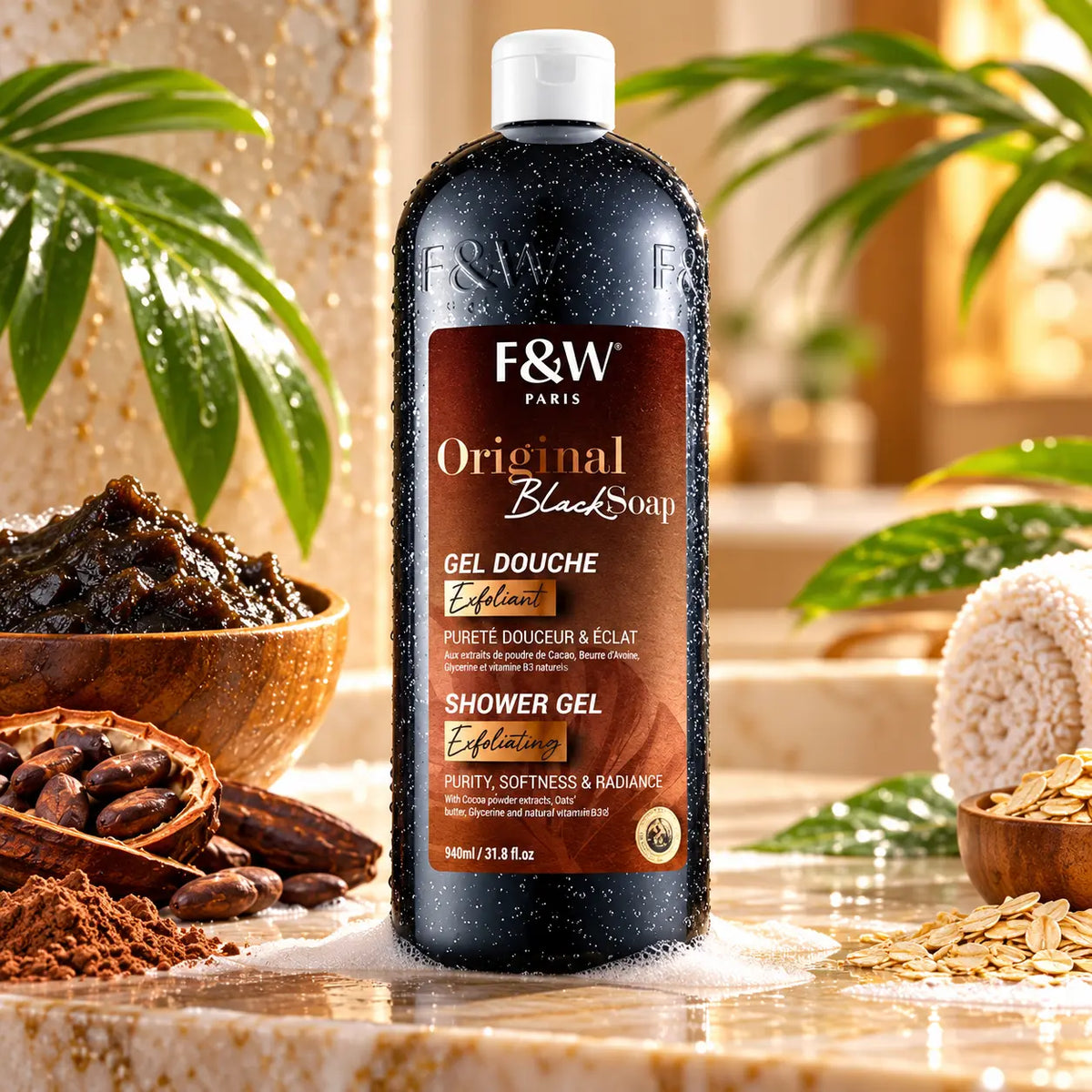 Gel Douche Exfoliant F&W Paris Original Black Soap — Savon Noir, Cacao & Karité — 940 ml