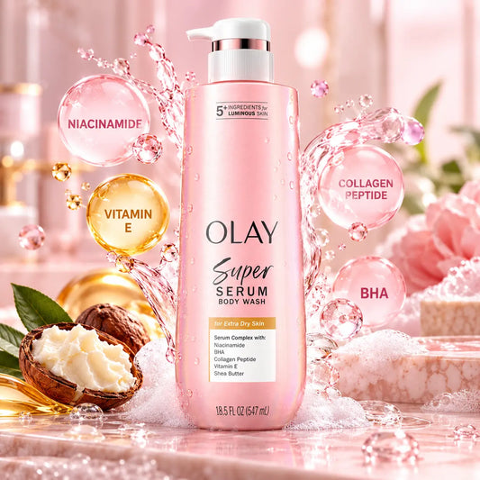 Gel Douche Sérum Olay Super Serum — Niacinamide, Collagène & Karité — Peaux Très Sèches — 547 ml