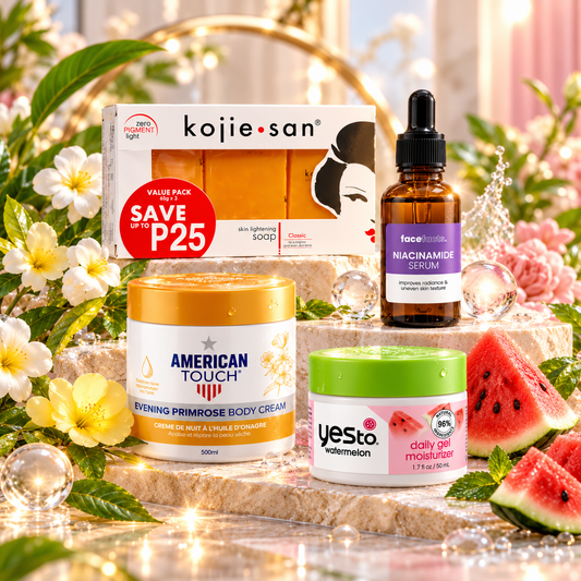 Pack N°48 — Routine Éclat Visage & Corps — Savon Kojie San 3 × 65 g + Sérum Niacinamide Face Facts 30 ml + Gel Hydratant Yes To Watermelon 50 ml + Crème Corps American Touch Evening Primrose 500 ml