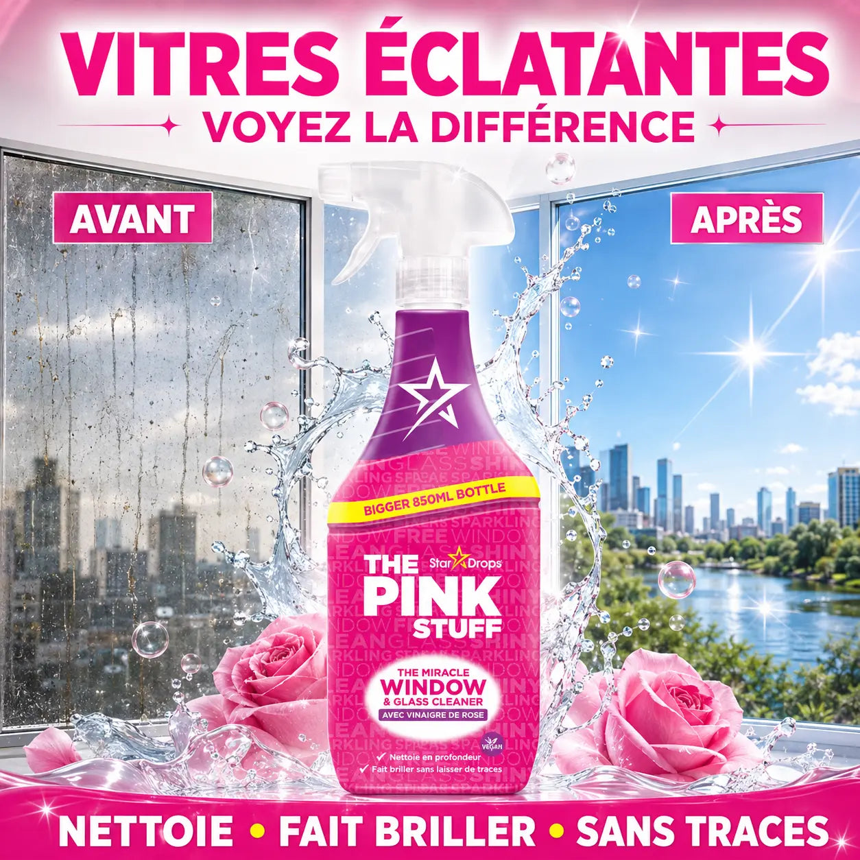 Nettoyant Vitres The Pink Stuff Window & Glass au Vinaigre de Rose — 850 ml
