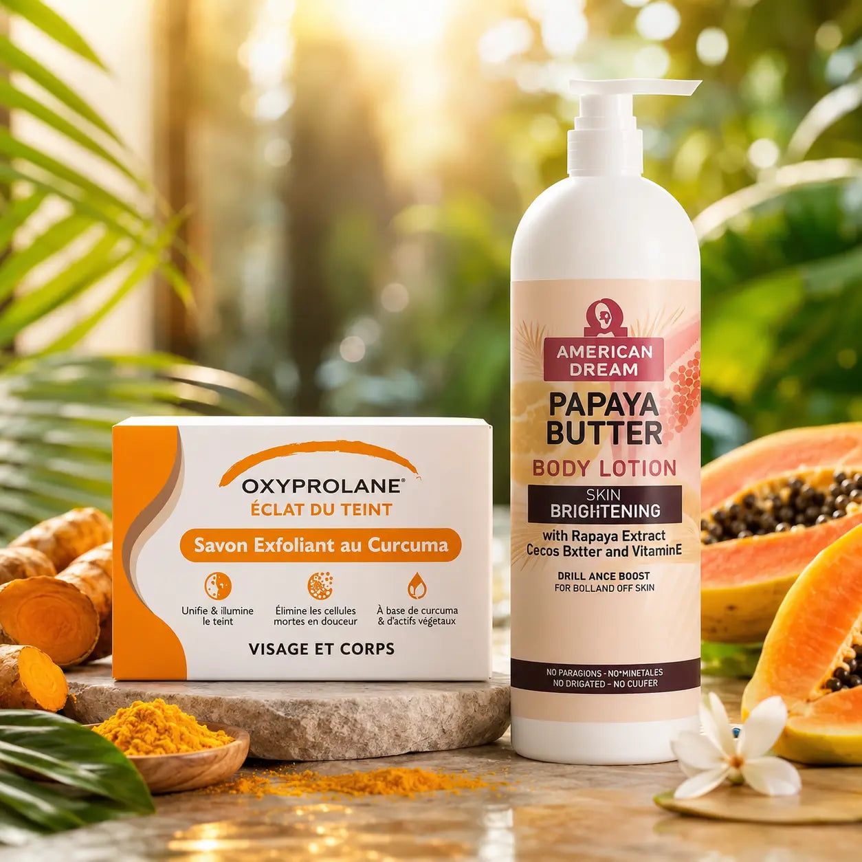 Pack N°45 — Routine Éclat Curcuma & Papaye — Savon Exfoliant Oxyprolane + Lait Corps American Dream 750 ml