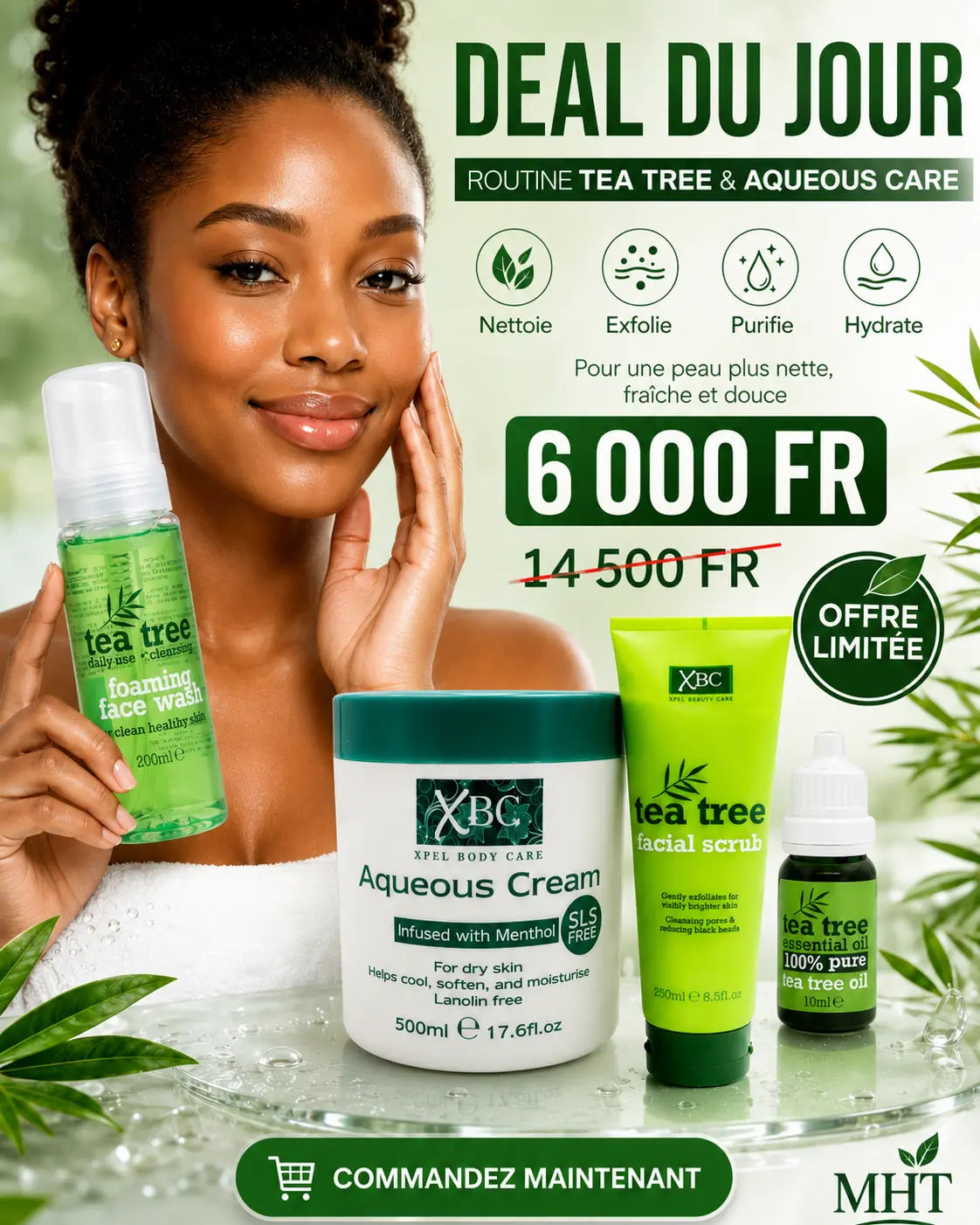 Pack N°47 — Routine Complète Tea Tree Peau Nette — Mousse Nettoyante + Gommage + Huile Pure + Crème Menthol