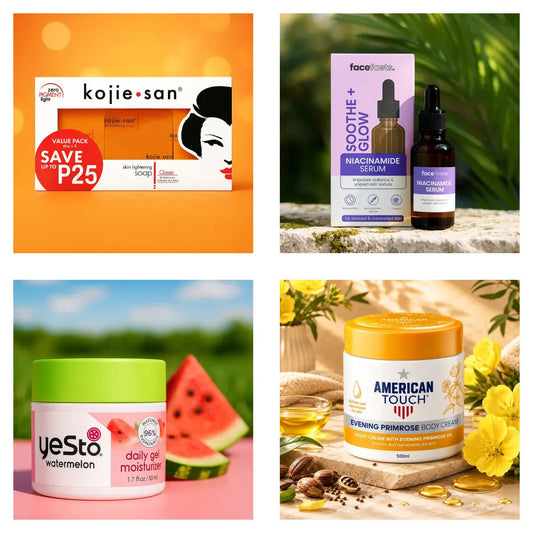 Pack N°48 Routine Éclat Visage & Corps : savon Kojie San x3, sérum Niacinamide Face Facts, gel Yes To Watermelon, crème corps American Touch 500 ml