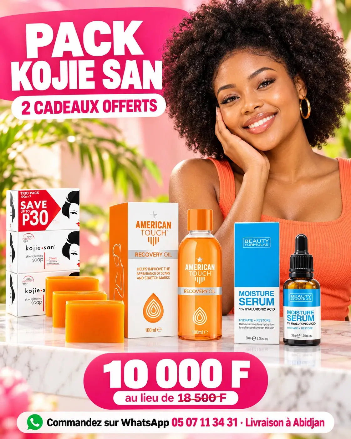 Pack N°49 — Peau Nette & Hydratée Kojie San — Trio Savon Kojie San 100 g × 3 + Huile Réparatrice American Touch Recovery Oil 100 ml + Sérum Visage Beauty Formulas Acide Hyaluronique 30 ml