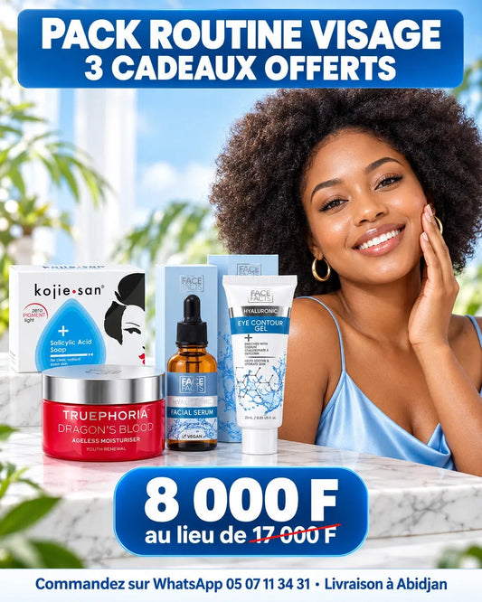 Pack N°50 — Routine Visage Peau Nette, Jeune & Hydratée — Savon Kojie San Acide Salicylique 100 g + Crème Anti-Âge Truephoria Dragon's Blood 50 ml + Sérum Face Facts Acide Hyaluronique 30 ml + Gel Contour des Yeux Face Facts 25 ml