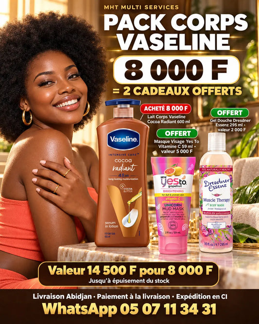 Pack N°51 — Corps Douceur Cacao & Éclat — Lait Corps Vaseline Intensive Care Cocoa Radiant 600 ml + Masque Visage Yes To Grapefruit Vitamine C 59 ml + Gel Douche Dresdner Essenz Muscle Therapy 295 ml
