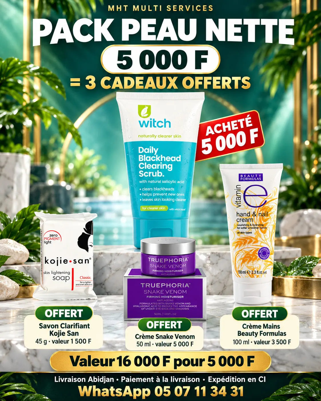 Pack N°52 — Peau Nette — Gommage Anti-Points Noirs Witch 150 ml + Savon Clarifiant Kojie San 45 g + Crème Raffermissante Truephoria Snake Venom 50 ml + Crème Mains Beauty Formulas Vitamine E 100 ml