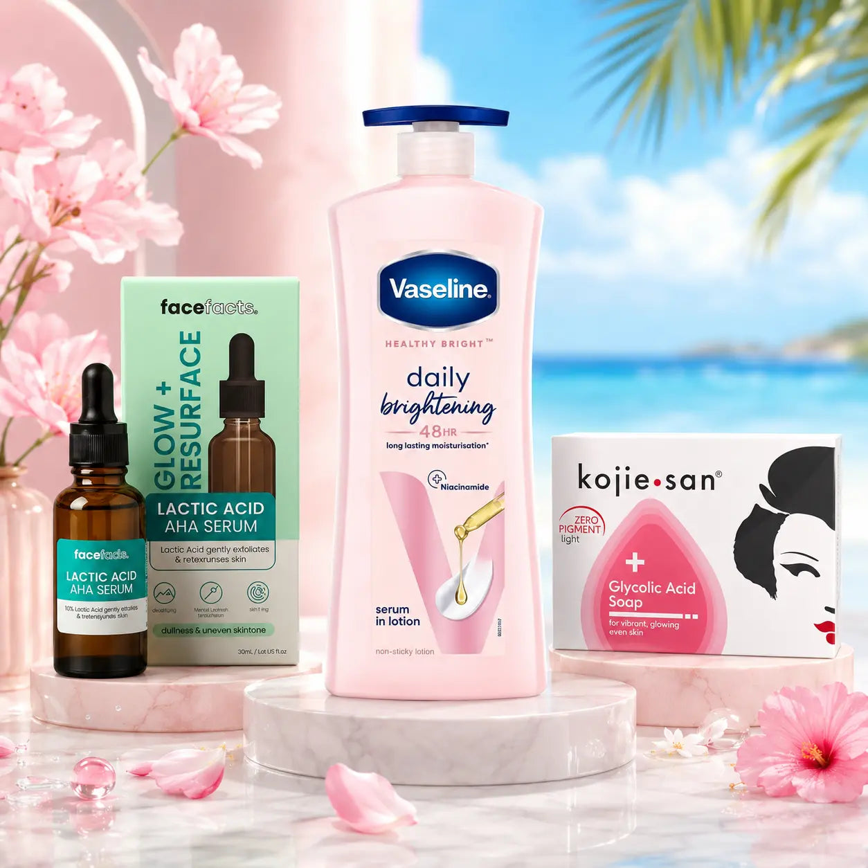 Pack N°21 — Routine 100 % AHA Peau Neuve — Savon Glycolique Kojie San + Sérum AHA + Lait Even Tone