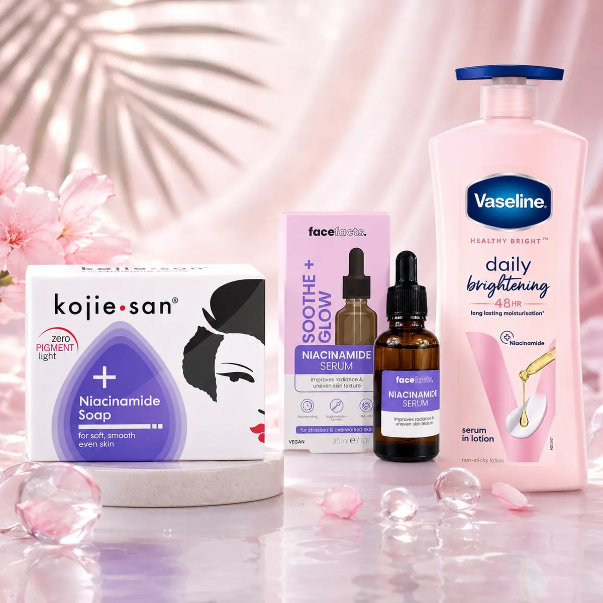 Pack N°18 — Routine 100 % Niacinamide — Savon Kojie San + Sérum Visage + Lait Corps Even Tone