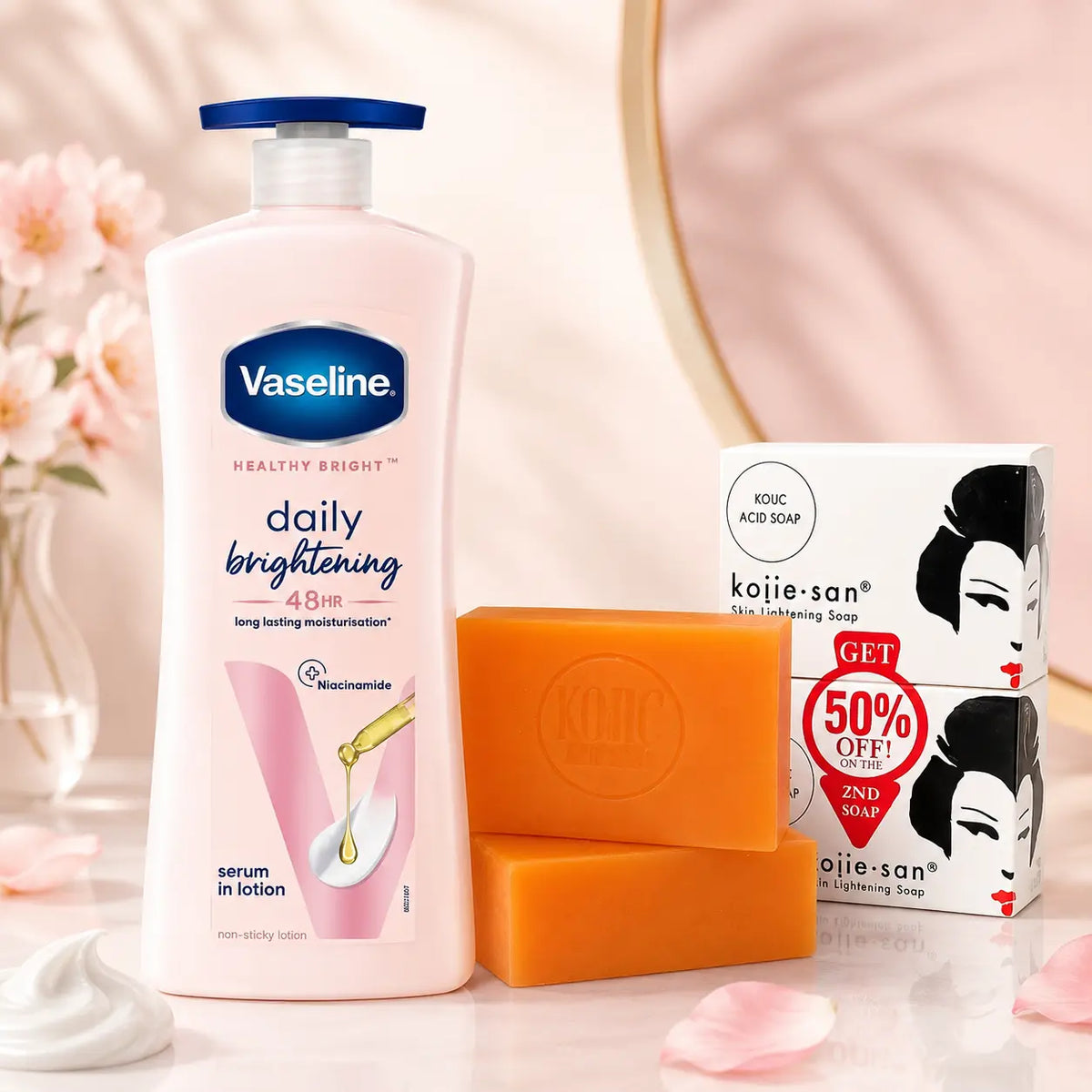 Pack N°1 — Routine Anti-Taches Corps — Savon Kojie San 135 g x2 + Lait Vaseline Even Tone 600 ml