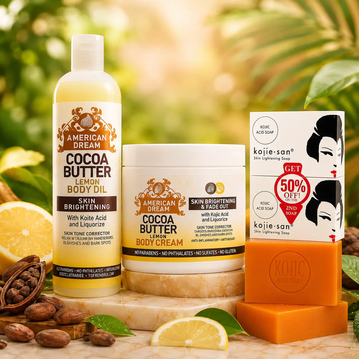 Pack N°13 — Routine Anti-Taches Intense — Savon Kojie San x2 + Crème & Huile American Dream Acide Kojique