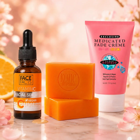 Pack Routine Anti-Taches Visage SPF 15 — Savon Kojie San x2 + Sérum Vitamine C + Crème Clear Essence