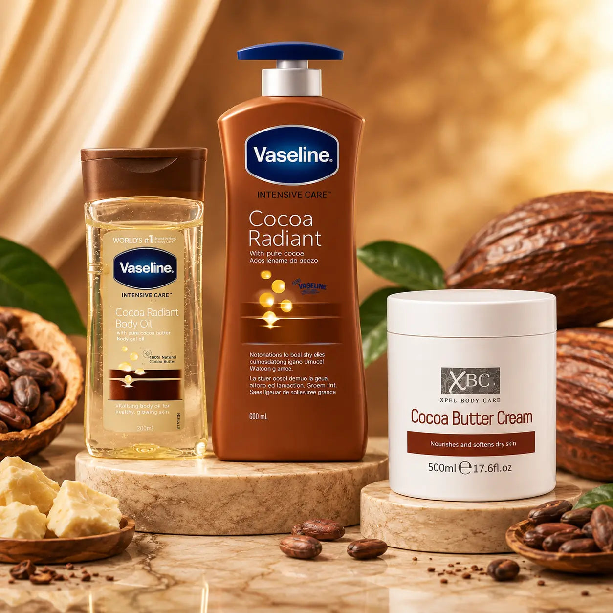 Pack N°24 — Routine Cocoa Radiant Glow Doré — Lait Vaseline 600 ml + Huile Cocoa + Crème Beurre de Cacao