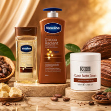 Charger l'image dans la galerie, Pack Routine Cocoa Radiant Glow Doré — Lait Vaseline 600 ml + Huile Cocoa + Crème Beurre de Cacao