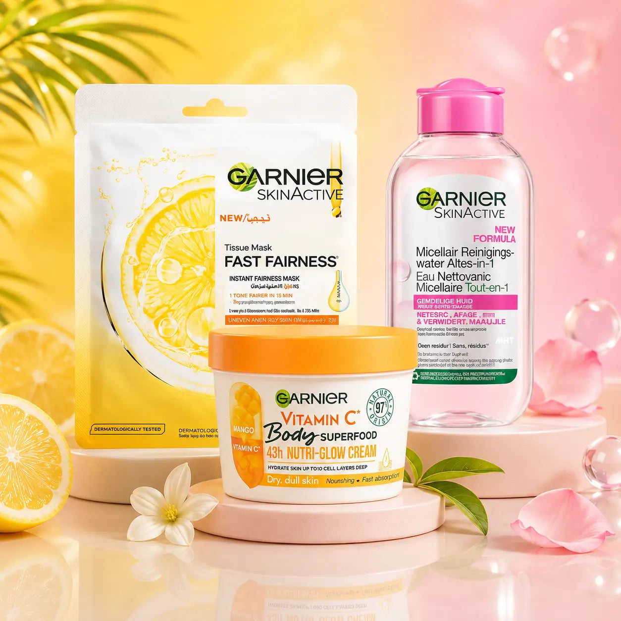 Pack N°22 — Routine Garnier Glow — Eau Micellaire + Masque Vitamine C + Crème Corps Mangue 380 ml