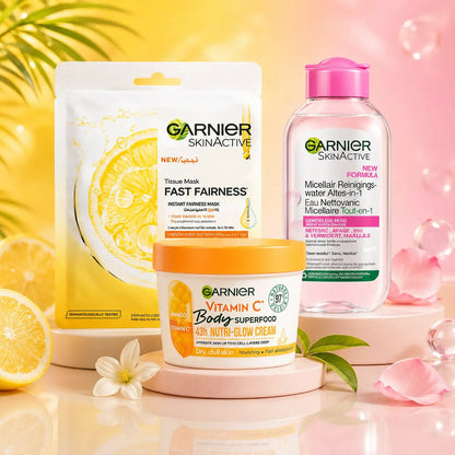 Pack N°22 — Routine Garnier Glow — Eau Micellaire + Masque Vitamine C + Crème Corps Mangue 380 ml