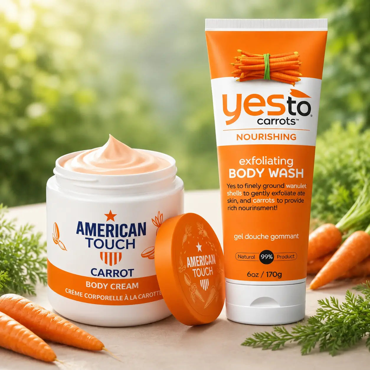 Pack N°6 — Routine Gommage & Éclat Carotte — Gel Douche Gommant Yes To Carrots + Crème Corps American Touch 500 ml