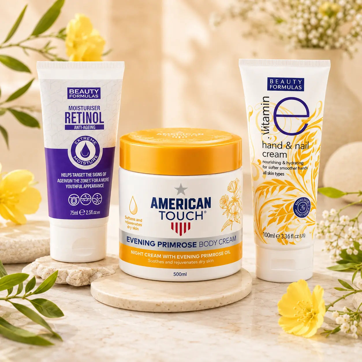 Pack N°25 — Routine Nuit Réparatrice — Crème Rétinol Visage + Crème Corps Onagre 500 ml + Crème Mains Vitamine E