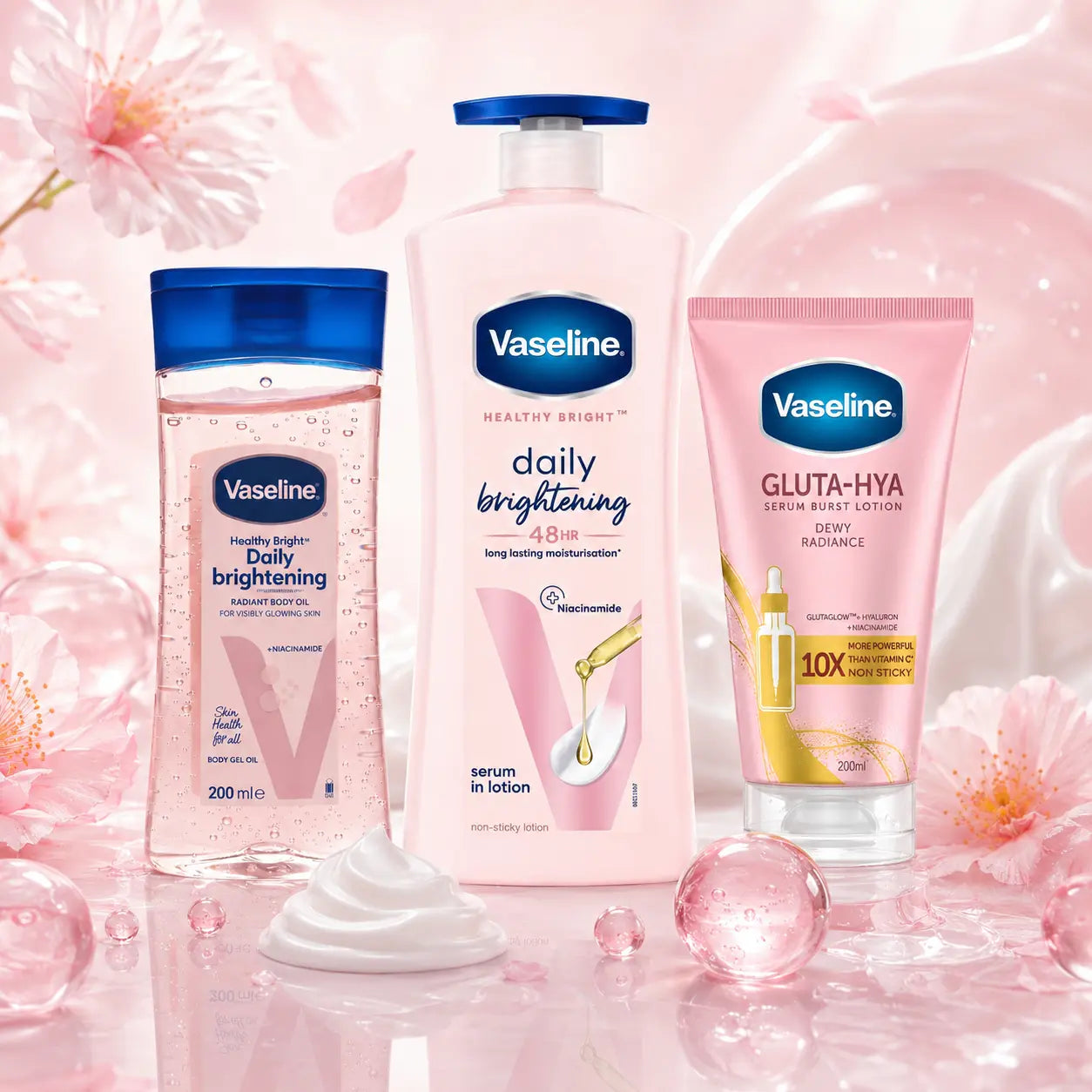 Pack N°23 — Routine Vaseline Éclat 24h — Lait Even Tone 600 ml + Gel-Huile Bright + Lotion Gluta-Hya