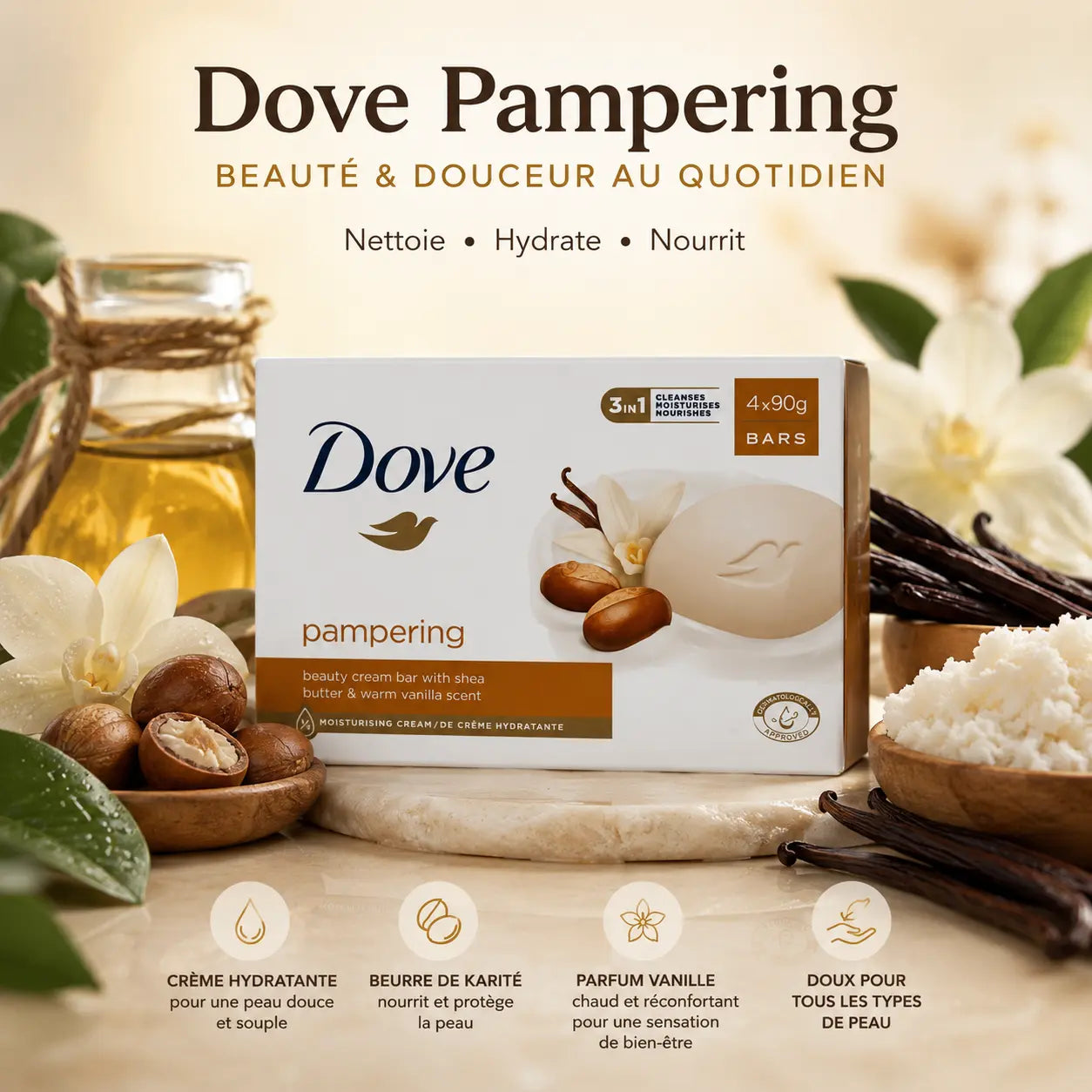 Pain de Beauté Dove Purely Pampering Karité & Vanille Peaux Sensibles — 2 × 90 g