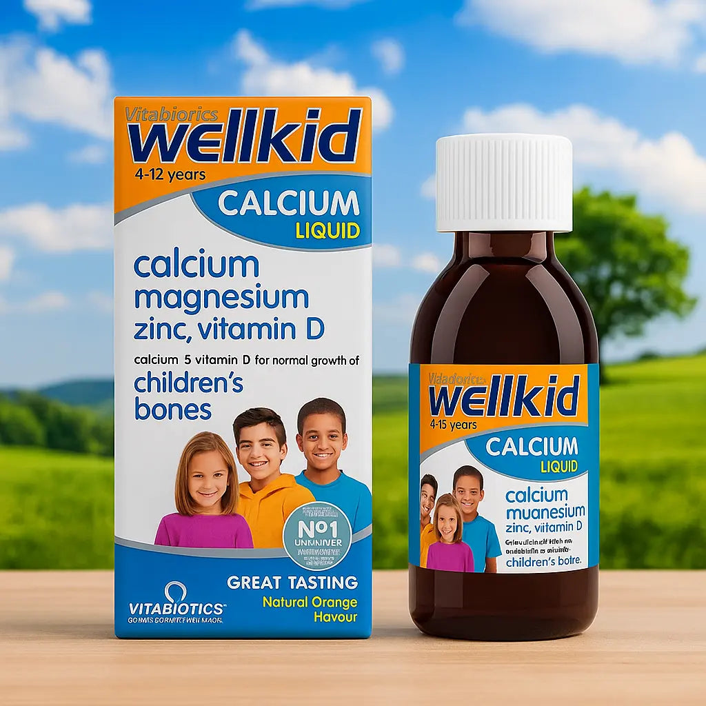 Vitabiotics Wellkid Calcium Liquid (4–12 ans) – goût orange. VITABIOTICS